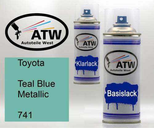 Toyota, Teal Blue Metallic, 741: 400ml Sprühdose + 400ml Klarlack - Set, von ATW Autoteile West.